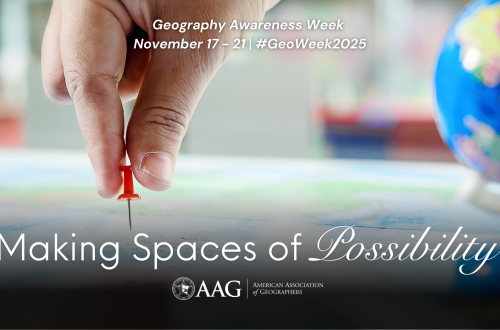 Geography Awareness Week 2025 November 17 - 21, 2025 #GeoWeek2025 background image of a hand placing a pushpin into a map